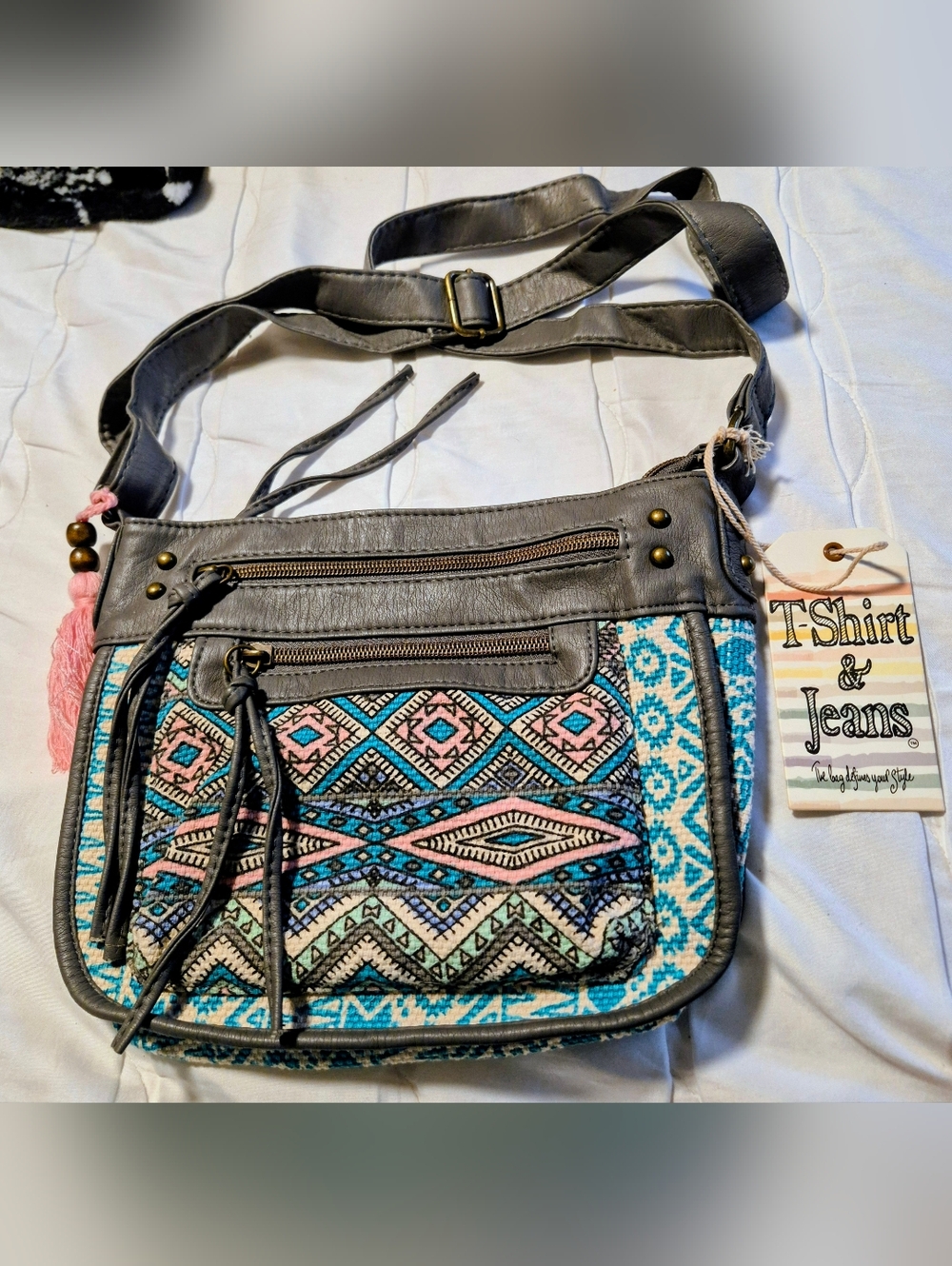 New Boho W/ Tags "T-Shirt & Jeans" Brand Multi Color Crossbody Purse W/Tassels